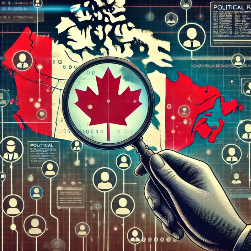 An illustration depicting political data collection in Canada. A large hand, symbolizing political parties, holds a magnifying glass over a map of Canada, revealing digital data points and personal profiles. The dark, muted background suggests secrecy, with connected lines representing a network of data collection. A subtle Canadian flag is integrated into the design.