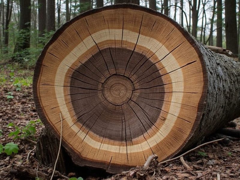 A close-up cross-section of a large tree log lying on a forest floor, with distinct growth rings ranging from dark brown in the center to lighter brown towards the outer edges. The log's intricate rings symbolize its age and history, set against the backdrop of a dense forest with scattered leaves and foliage on the ground.