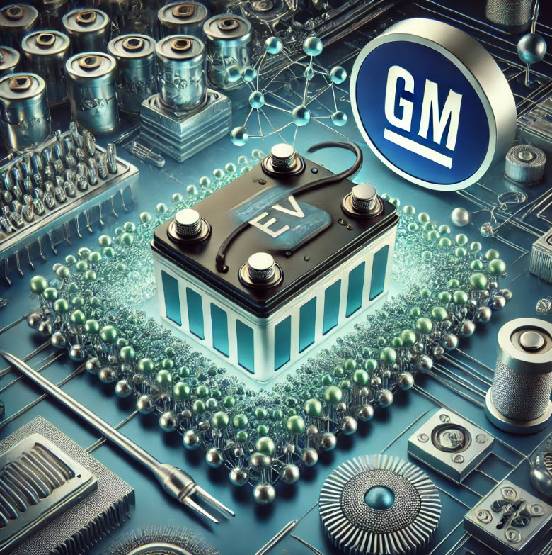 The image depicts a 3D-rendered electric vehicle (EV) battery at the center, surrounded by intricate patterns that resemble atomic layers, symbolizing nanoscale coatings applied through advanced Atomic Layer Deposition (ALD) technology. The background subtly incorporates industrial elements, such as semiconductor circuits and machinery, representing the integration of this technology into various industries. A faint GM logo blends into the scene, emphasizing the company’s role in advancing battery technology. The color palette includes metallic blues and silvers, evoking innovation and precision, with green accents hinting at sustainability and the transition to greener energy solutions.