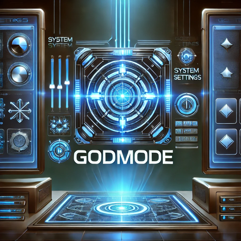 A futuristic computer interface with a glowing blue control panel labeled "GodMode." The screen displays multiple system settings icons, arranged in a sleek, high-tech Windows settings dashboard. The background features a cyber-inspired aesthetic with neon-lit elements, giving a modern and advanced feel to the interface.