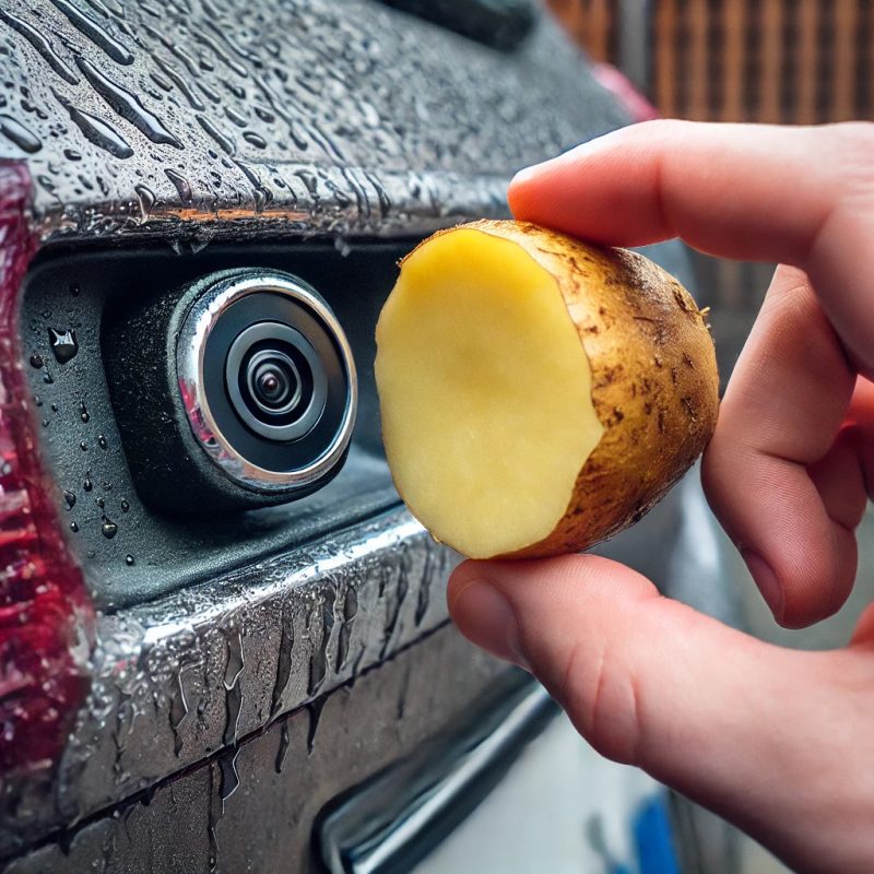 A close-up of a person using a freshly cut potato to clean a car's rear-view camera lens in a clever cleaning hack. The potato’s starchy interior is visible as it is rubbed on the camera, which is properly mounted on the wet rear of the car. The background is blurred, suggesting a driveway or parking lot.